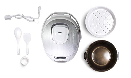Sakura Rice Cooker with Ceramic Bowl and Advanced Fuzzy Logic (White and Silver)