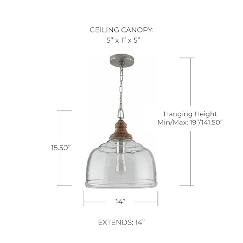 Capital Lighting 330318GY Julian Coastal Style Clear Organic Rippled Glass Pendant with Handcrafted Mango Wood Finial (Grey Wash)
