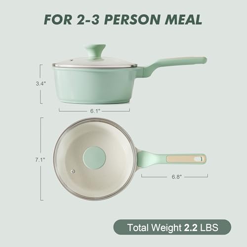 Ceramic Nonstick Saucepan with Lid 2.0QT (Mint Green / 2 Quarts)