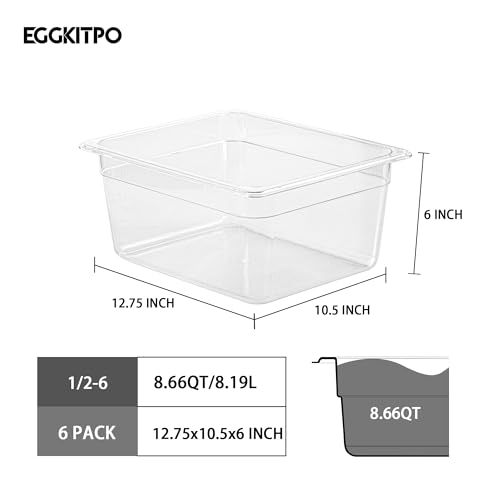 Half Size Food Containers 6 Pack 6 Inch Deep Hotel Pan Clear BPA free Polycarbonate Stackable Food Storage Container for Kitchen Business and Food Serving (1/2 Size / 6" Deep)