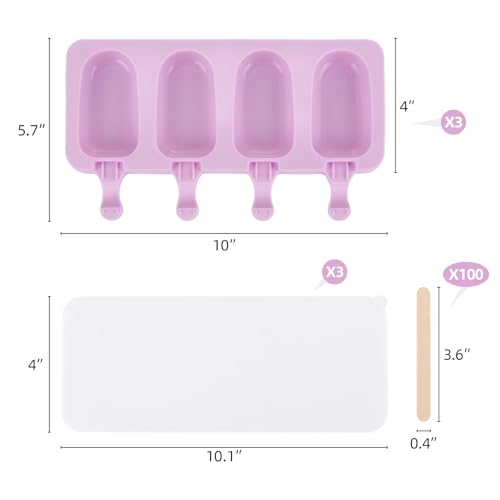 3 Set Violet Popsicles Molds with Lids and 100 Pcs Wooden Popsicles Sticks (Violet / Standard Size)