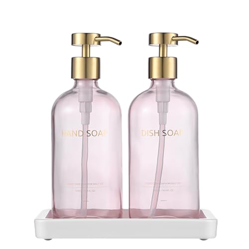 Glass Kitchen Soap Dispenser Set with Ceramic Tray (Pink Bottles + Gold Pumps)