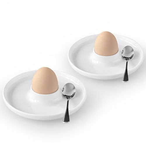Egg Cup Set 2 Ceramic Holders with Spoons