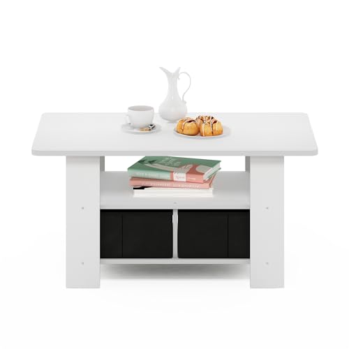 Andrey Small Modern Coffee Table with Storage Shelf (White/Black / 2 Bin)