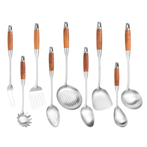 Stainless Steel Kitchen Utensils Set for Cooking Wooden Handle (9 Count)