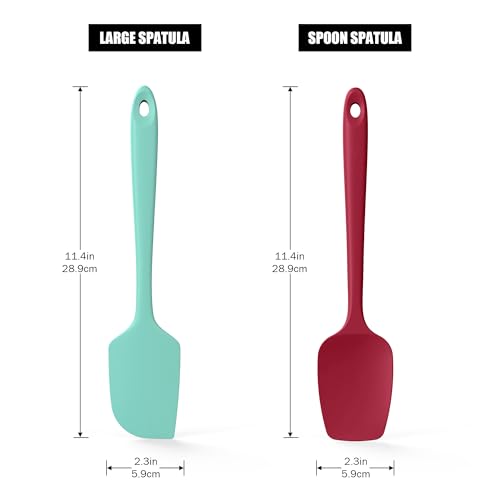 600°F Heat Resistant Silicone Spatula Spoonula (Flat & Spoon Spatulas / Aqua+Red)