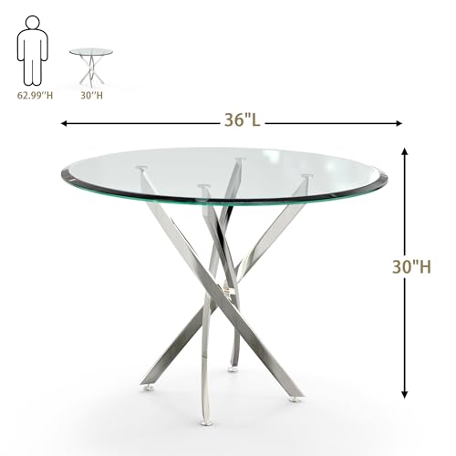36" Round Glass Dining Table for 4 (Silver Round Table / 1 Piece)