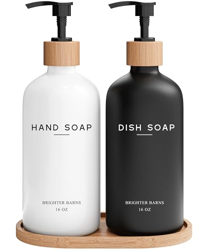 Luxury Glass Hand and Dish Soap Dispenser Set by Brighter Barns (Black White Hd)