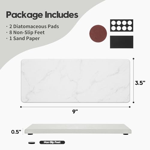2PCS Water Absorbing Stone Drying Tray for Kitchen Counter & Bathroom Sink (2 Pack - Marble White / 9" x 3.5")