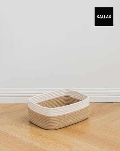 Small Woven Storage Basket for Organizing (White & Brown / 13.5"L x 9.5"W x 5"H)