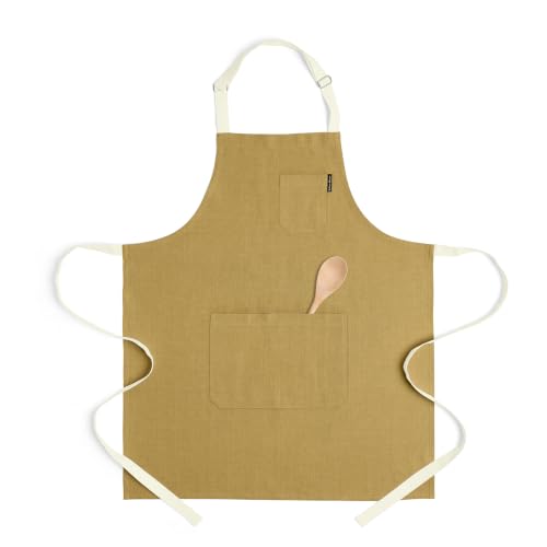 100% Pure Linen Apron (Mustard Gold / Ivory / 32 X 27 Inch)