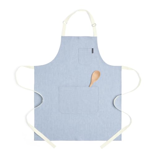 100% Linen Apron (Chambray Blue / Ivory / 32 X 27 Inch)