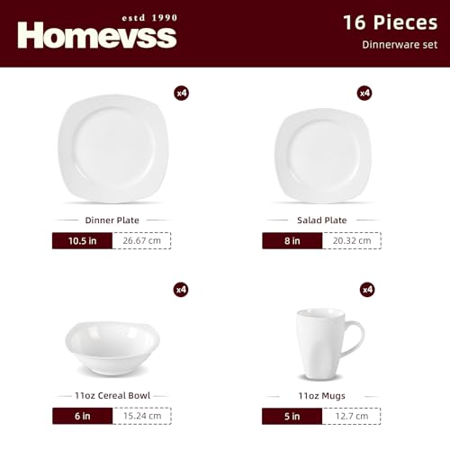 HomeVss New Bone China Embossed Dinnerware Set (Square Coupe / Service for 4 - 16pc Set)