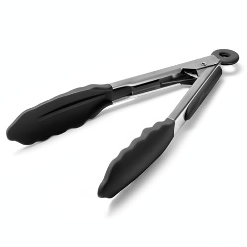 Kitchen Tongs with Silicone Tips for Cooking Serving (7in / Black)