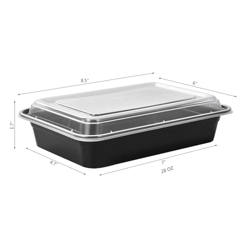 150 Pack Meal Prep Plastic Food Storage Containers With Lids 28 oz 1 Compartment Black Rectangular Reusable To Go Lunch Prepping Boxes BPA (28S-150)