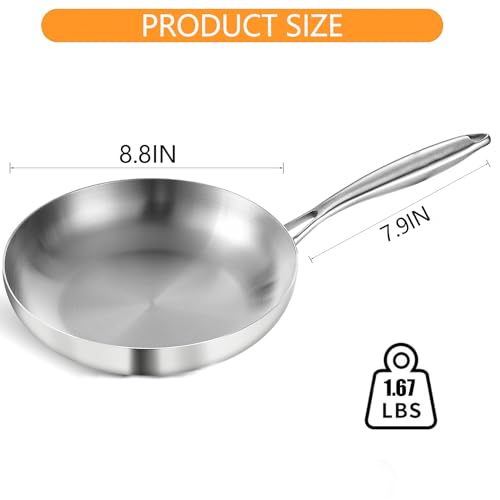 Tri Ply Stainless Steel Frying Pan 8" kitchen skillet (Silver)