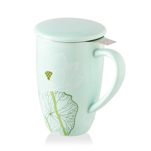 Sweejar Porcelain Tea Infuser Mug with Lid (Cerulean Lotus / Tea Cup(16 Fl Oz))