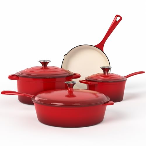 7Pcs Red Enameled Cast Iron Cookware Sets (7 Pcs - Red)