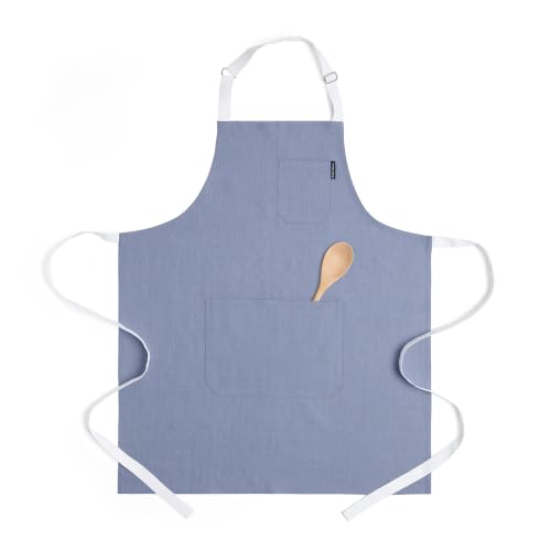 100% Pure Linen Apron (Dusty Blue / White / 32 X 27 Inch)