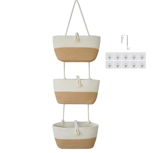 Over the Door Hanging Baskets with Wooden Button (White&Jute / 3 tier+Wooden Button)