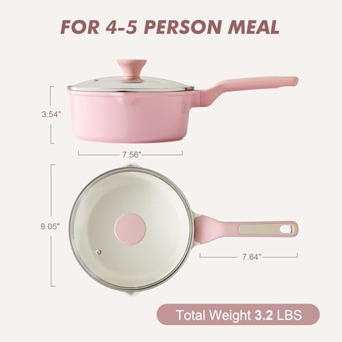 Ceramic Nonstick Saucepan with Double Pouring Spout (Sakura Pink / 3 Quarts)