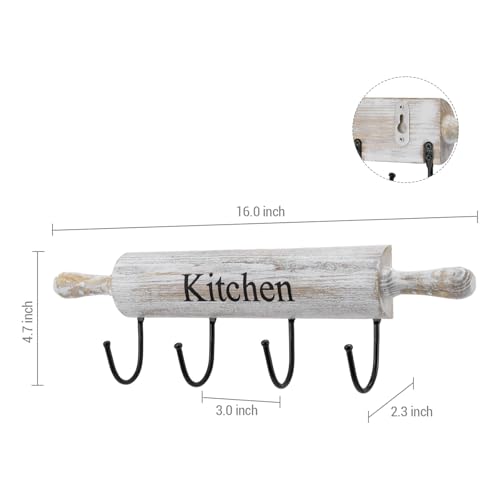White Washed Wood Kitchen Utensil Rack with 4 Hooks (Whitewashed)