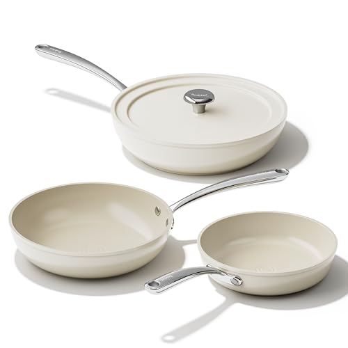 Ceramic Non Stick Frying Pans Set Nonstick Skillets 8 (Beige / 8/9.5/11" with Lid)