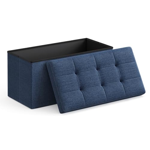 30 Inches Folding Storage Ottoman Bench (Midnight Blue / 15"D x 30"W x 15"H (without Flipping Lid))