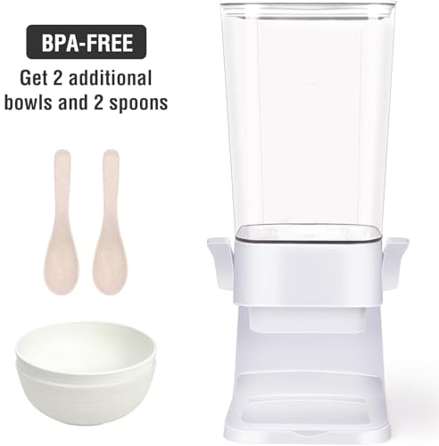Cereal Dispenser Countertop with 2 Pack Bowls and Spoons 5.5 Qt (5.5Qt & White & 1pack)
