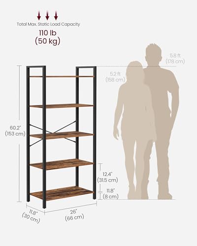 5 Tier Bookshelf (Rustic Brown + Ink Black / 5 Tiers (11.8"D x 26"W) / Without Back Panels)