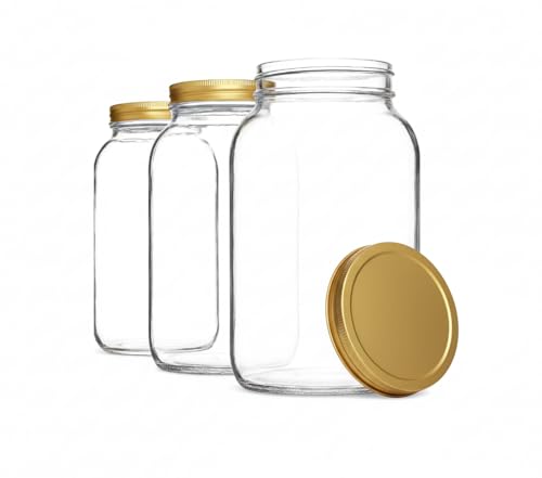 Set of 3 One Gallon Large Glass Jar with Lid (Gold Lid / 1 Gallon)
