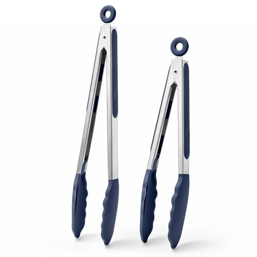Kitchen Tongs with Silicone Tips for Cooking Serving (Set of 2 (9+12in) / Navy Blue)