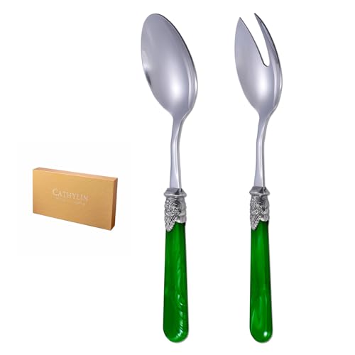 2 piece Salad Servers Stainless Steel Salad Serving Set Salad Fork and Spoon (Deep Green)