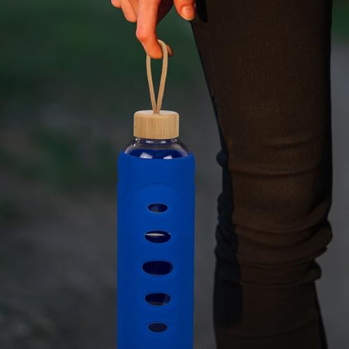 32 oz Narrow Mouth Glass Water Bottle with Windowed Silicone Sleeve (Blue)