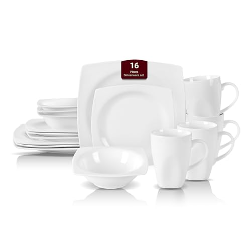 HomeVss New Bone China Dinnerware Set (Square Rim / Service for 4 - 16pc Set)