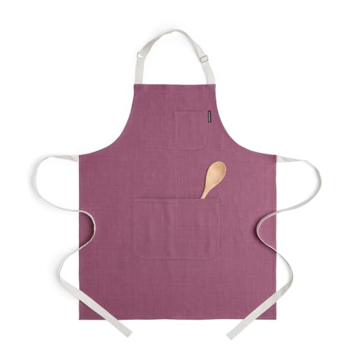 100% Pure Linen Kitchen Apron (Dusty Wine / Ivory / 32 X 27 Inch)