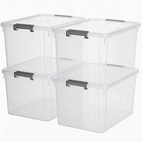 4 Pack 44.4 QT Clear Plastic Storage Bins with Latching Lids (Clear White / 4 PCS-44.4 QT)
