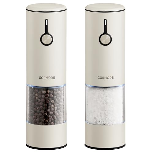 Electric Salt and Pepper Grinder Set Stainless Steel 2 Pack USB Rechargeable LED One Hand Off White (Off-White)