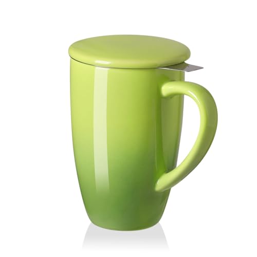 Sweejar Porcelain Tea Mug with Infuser and Lid (Gradient Green / Tea Cup(16 Fl Oz))