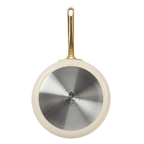 Saute Deep Frying Pan Skillet with Lid (Almond Cream w/ Gold Handle / Deep Fry Pan w/ Lid (10-Inch))