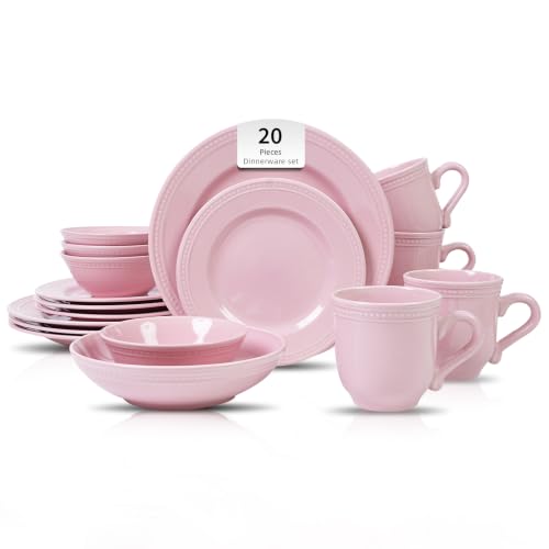 HomeVSS 20 Piece Pearl Dots Stoneware Dinnerware Set (20pc Set / Pink)