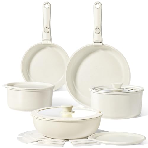 Ceramic Pots and Pans Set Non Stick (White / 15PCS 01)