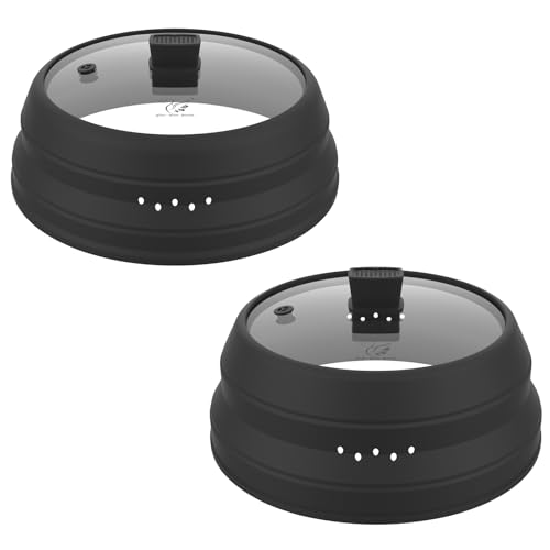 2 Pack Microwave Splatter Cover Glass Guard Lid with Collapsible Silicone for Food Pot Plate 8.5 inch and 9.8 inch Black (BLACK / Taller style 8.5 inch+common style 9.8")