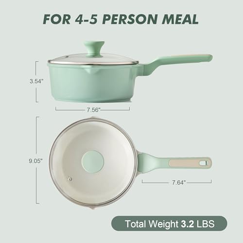 Ceramic Nonstick Saucepan with Double Pouring Spout (Mint Green / 3 Quarts)