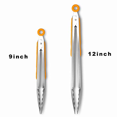 Premium 304 Stainless Steel Tongs Set (9" & 12" / Orange)