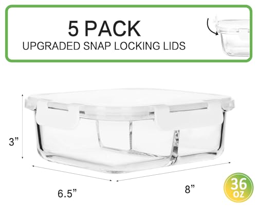 5 Pack,36 oz, 3 Compartments Glass Meal Prep Containers with Lids (White)