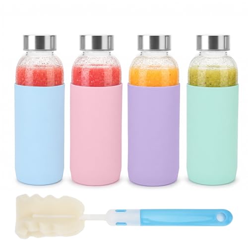16 oz Glass Water Bottles with Lids and Silicone Sleeve 4 Pack (16oz silicone sleeve-4pack / 16 Ounces)