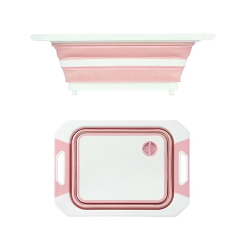 Camping Collapsible Cutting Board Dish Basin BBQ Prep Tub Camp Sink Dish Washing Station Multifunctional Storage Basket (Pink White)
