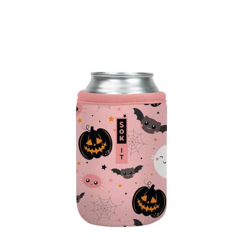 CanSok Sleeve for Beer & Soda Insulated Neoprene Cover (Spooky in Pink / 12oz Can Sleeve)