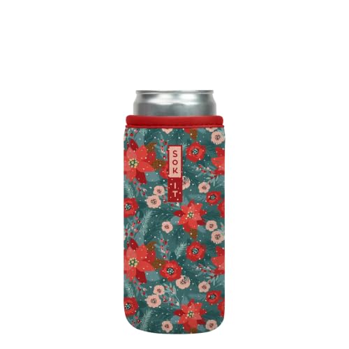 CanSok Sleeve for Beer & Soda Insulated Neoprene Cover (Pastel Poinsettias / 12oz Slim Can Sleeve)